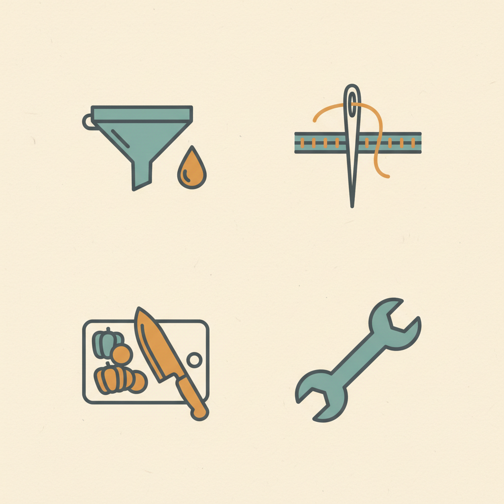 Illustration of practical life skills: car oil funnel, sewing needle, chef knife and wrench
