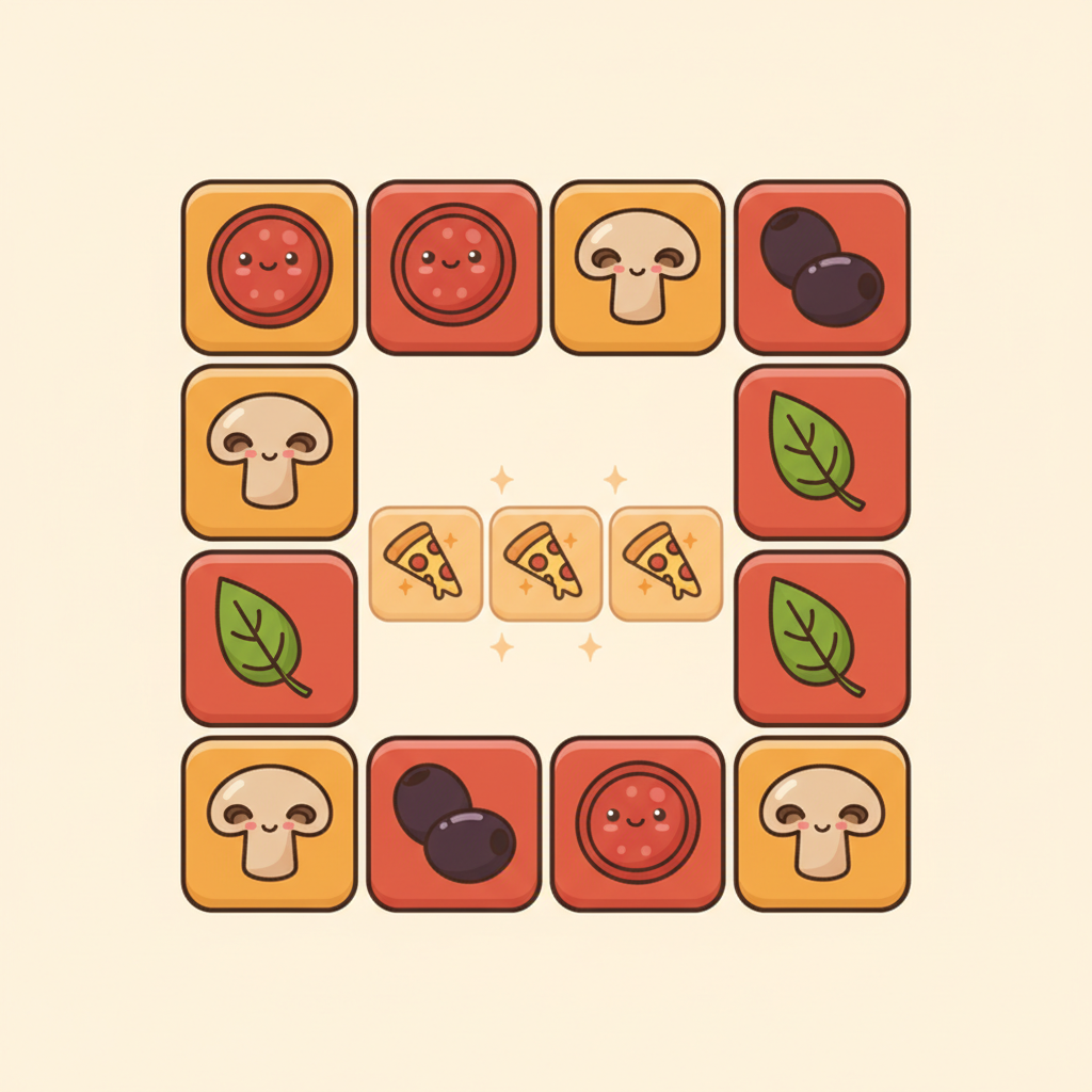 Illustration of a pizza themed match three puzzle grid